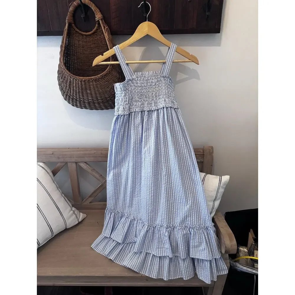 Bonnie Jean Girls Dress Sz 8 Blue Striped Seersucker Spring Maxi Summer Easter